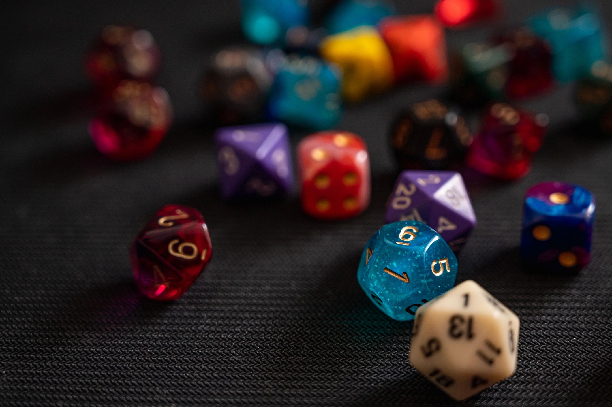 Colorful polyhedral dice used for tabletop roleplaying games